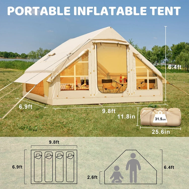 6 Person Inflatable Camping Tent with Pump, 10ft x7ft Glamping Family Tent Easy Setup 4 Season Waterproof Windproof Outdoor Blow up Tent Oxford