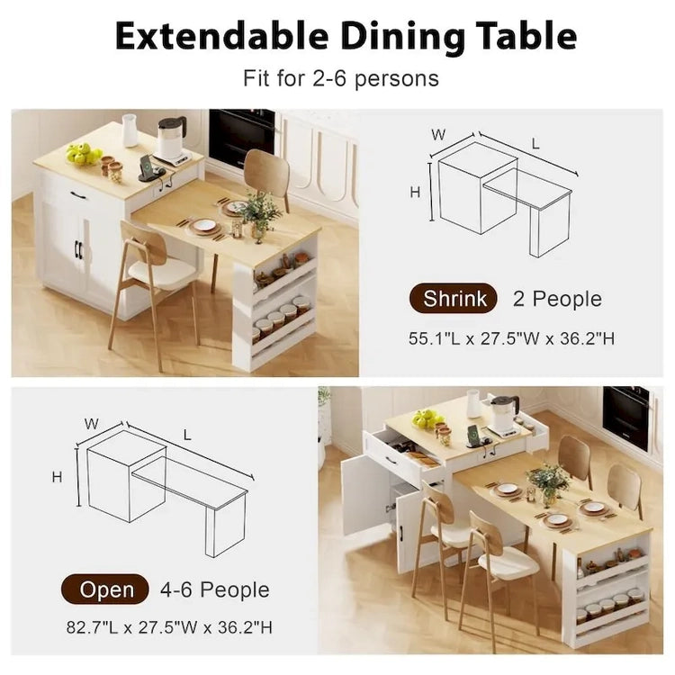 82.7 Wooden 4-6 Person Kitchen Island with Extendable Dining Table and Double-Sized Storage