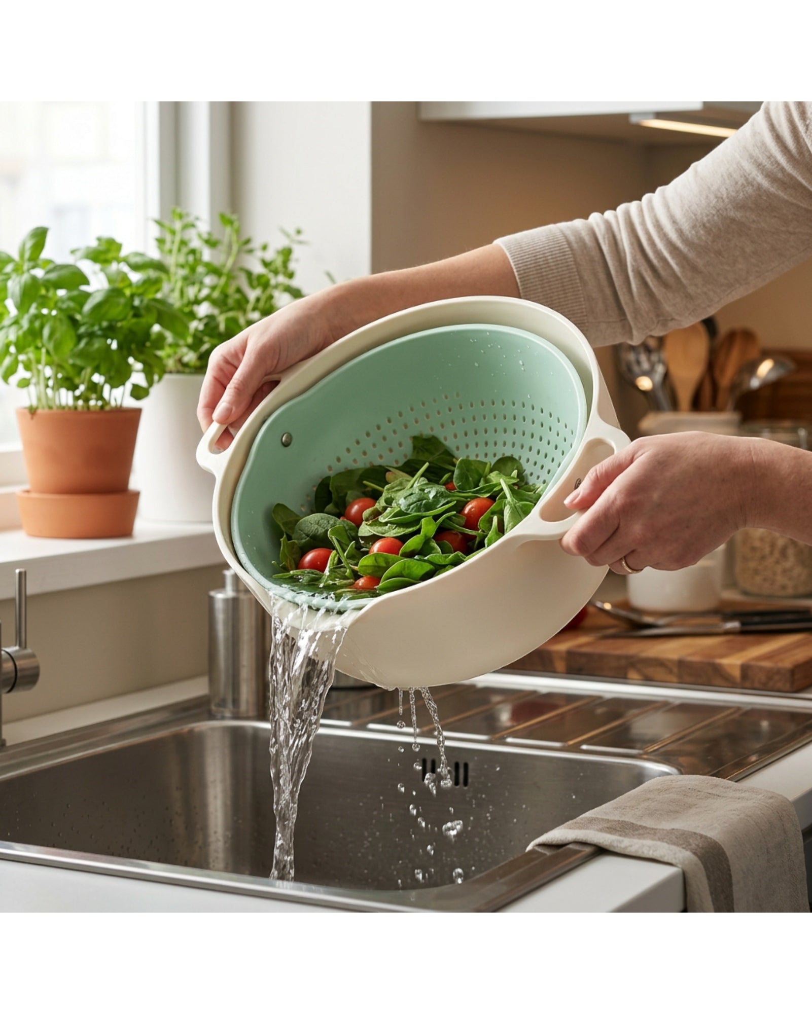 Blont Pivoting Wash and Drain Bowl Set 3.5 L Cream Mint - Lifestyle view