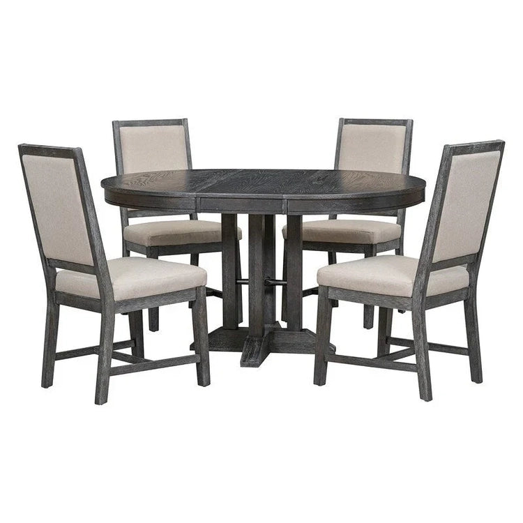 5-Piece Dining Set Extendable Round Table and 4 Upholstered Chairs Farmhouse Dining Set for Kitchen, Dining Room