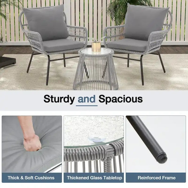 3-Piece Patio Conversation Bistro Set, Outdoor Rattan Furniture Set with Glass Table & 2 Wide Armchairs, Seat Cushions