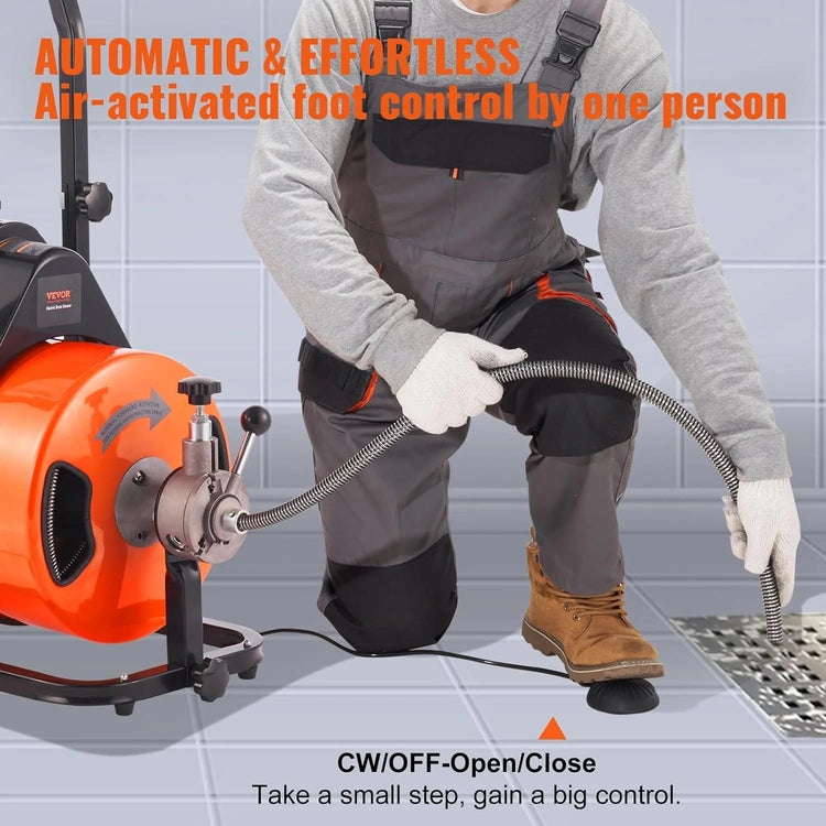 Drain Cleaner Machine 100FT X 1/2Inch, Auto Feed Sewer Snake Auger with 4 Cutter & Air-Activated Foot Switch for 1" to 4" Pipes, Orange, Black