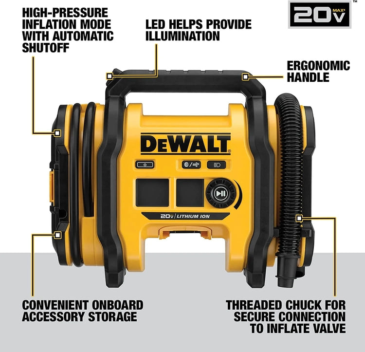 0177 Dewalt 20V Max Tire Inflator, Compact and Portable, Automatic Shut Off, LED Light, Bare Tool Only (DCC020IB) Battery & Charger Not Included