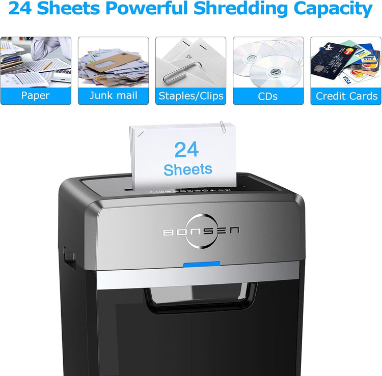 Heavy Duty Paper Shredder, 24-Sheet Cross-Cut Shredder, 40-Min Continuous Running Time, Commercial Grade Shredder for Office, 9-Gallon Big Basket