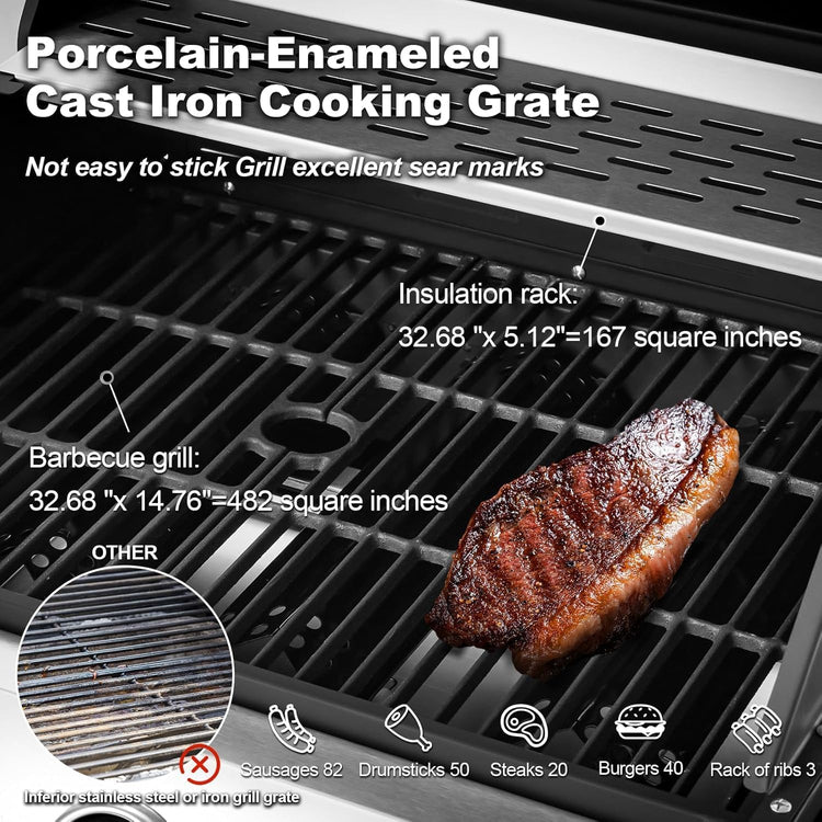 Upgraded 4 Burner BBQ Propane Gas Grill with Cast Iron Grates & Side Stove, 44,000 BTU Stainless Steel Burner Barbecue Grill for Patio, Camping