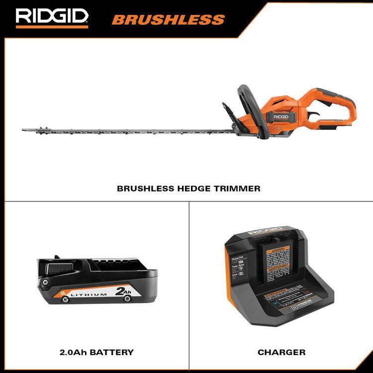Ridgid 18V Brushless Cordless Battery 22 In. Hedge Trimmer with 2.0 Ah Battery and Charger R01401K
