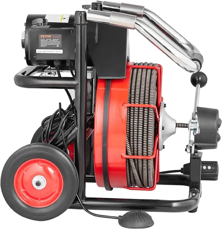 Drain Cleaner Machine 100FT X 1/2 Inch, Auto Feed Sewer Snake Auger on Wheels, 550W Portable Drain Cleaning Machine