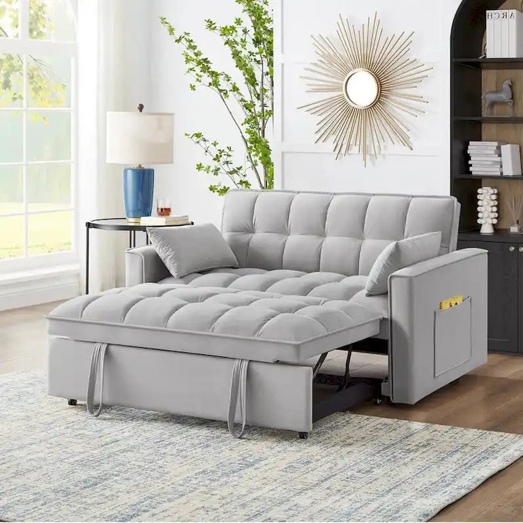 4 in1 Loveseat Sofa Bed with Armrests & Storage Pockets, Multi-Function Tufted Pull-Out Sofa Bed with Adjustable Backrest