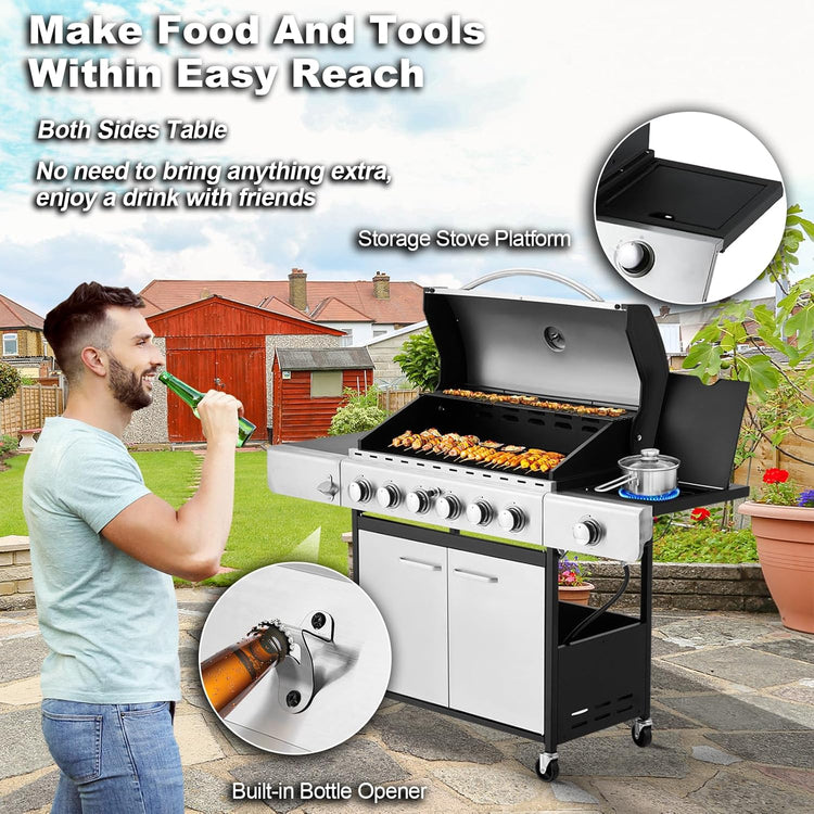 Upgraded 4 Burner BBQ Propane Gas Grill with Cast Iron Grates & Side Stove, 44,000 BTU Stainless Steel Burner Barbecue Grill for Patio, Camping
