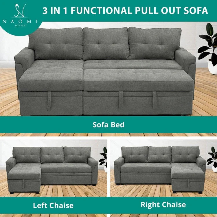 Reversible Sectional Sofa with Pull-Out Sleeper Bed, Hidden Storage Chaise, Durable Legs