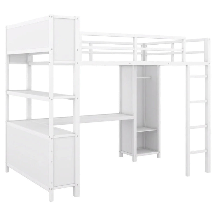 Off-White Metal Loft Bed with Desk and Wardrobe - Full Size