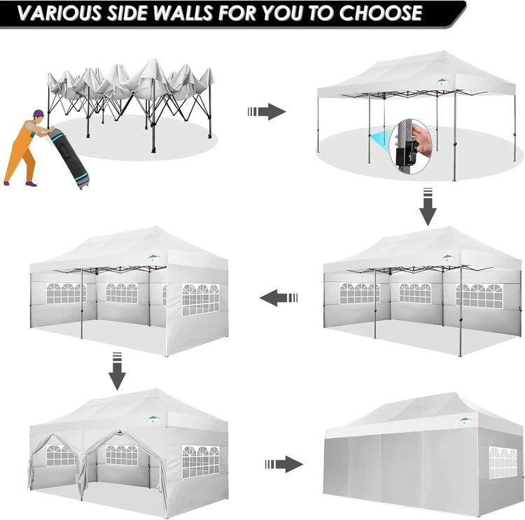 Cobizi 10x20 Heavy Duty Pop up Canopy Tent with 6 Sidewalls Easy up Commercial Outdoor Canopy Wedding Party Tents