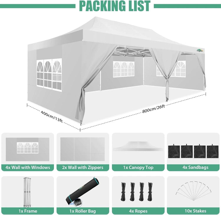 Cobizi 10x20 Heavy Duty Pop up Canopy Tent with 6 Sidewalls Easy up Commercial Outdoor Canopy Wedding Party Tents