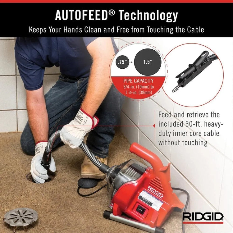 Ridgid Powerclear 120-Volt Drain Cleaning Snake Auger Machine for Heavy Duty Pipe Cleaning for Tubs, Showers, and Sinks 55808
