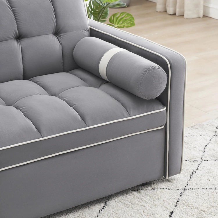 3 in 1 Sleeper Sofa Couch Bed, Small Tufted Velvet Convertible Loveseat Futon Sofa W/Pullout Bed, Adjustable Backrest, Cylinder Pillows