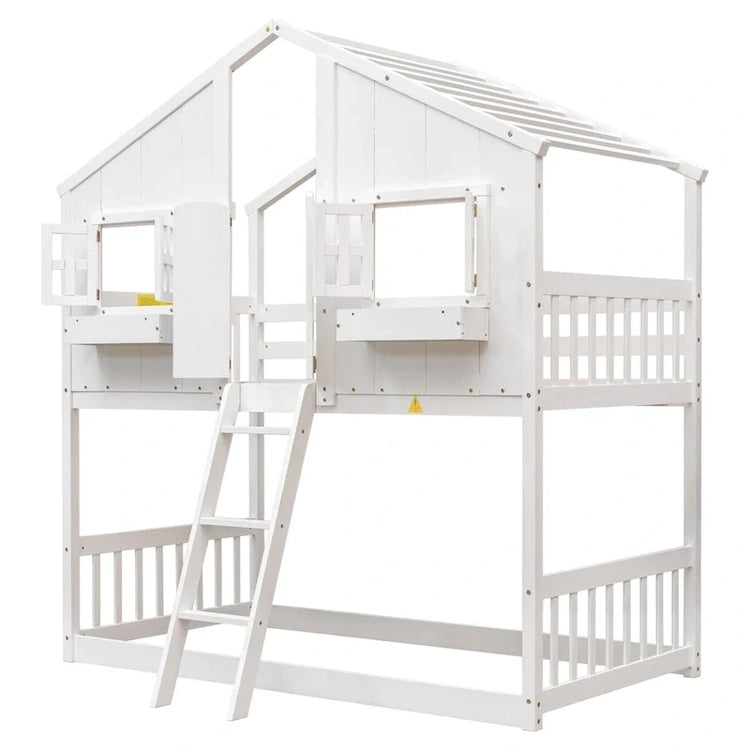 Twin Over House Bunk Bed with Roof, Window, Window Box, Door, with Safety Guardrails and Ladder, Grey