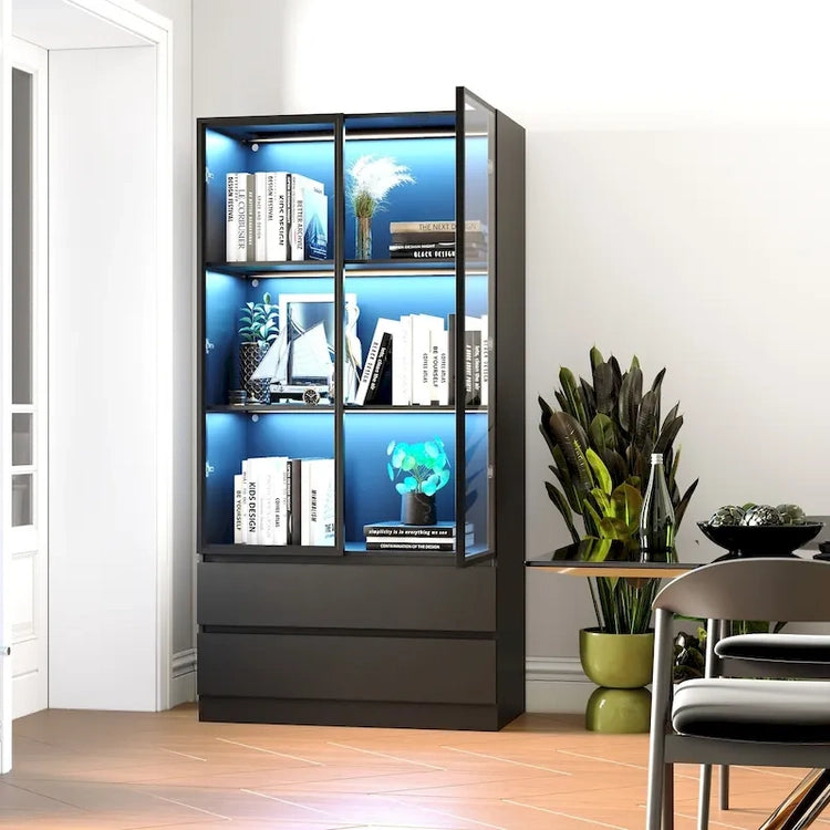 Display Storage Cabinet, Display Cabinet with Tempered Glass Doors, Showcase with 4-Tier Storage Shelves