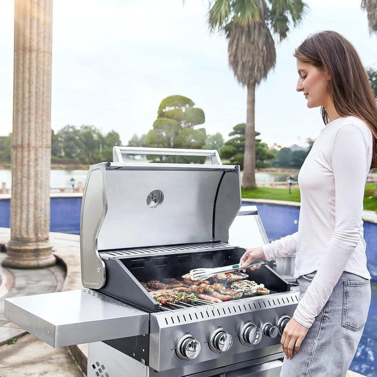Upgraded 4 Burner BBQ Propane Gas Grill with Cast Iron Grates & Side Stove, 44,000 BTU Stainless Steel Burner Barbecue Grill for Patio, Camping