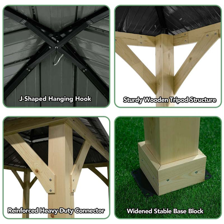 10 X Ft Outdoor Patio Hardtop Gazebo with Wood Frame & 2-Tier Metal Roof, All-Weather Gazebo Pergolas Shelter