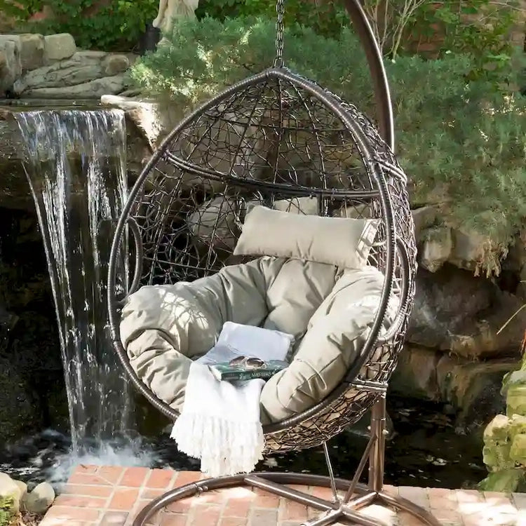 Waterproof Outdoor Wicker Hanging Basket Chair with Cushions, Hammock Seat - 300 Lbs Capacity