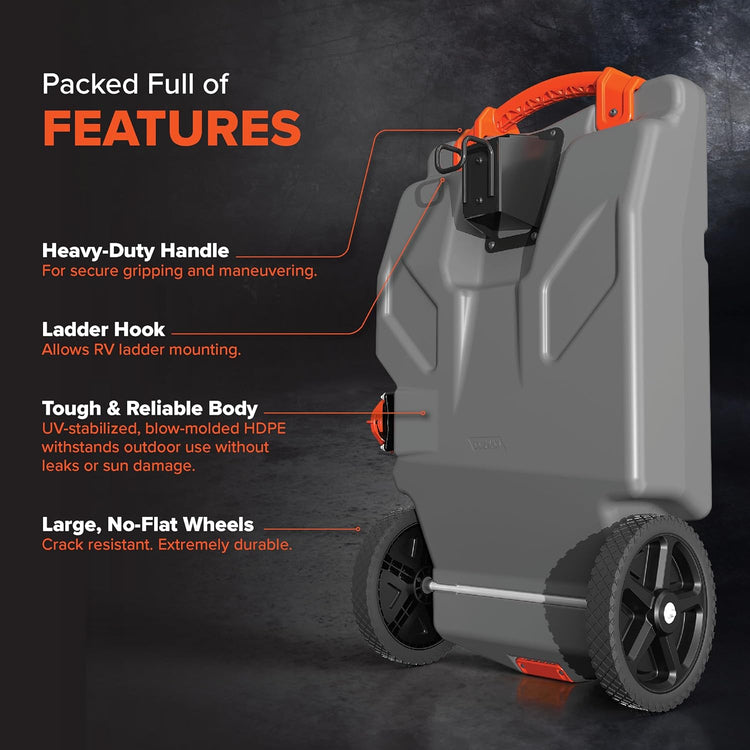 36-Gallon Portable Camper/RV Tote Tank - Features Large Heavy-Duty No-Flat Wheels & Built-in Gate Valve - Removable Steel Tow Adapter