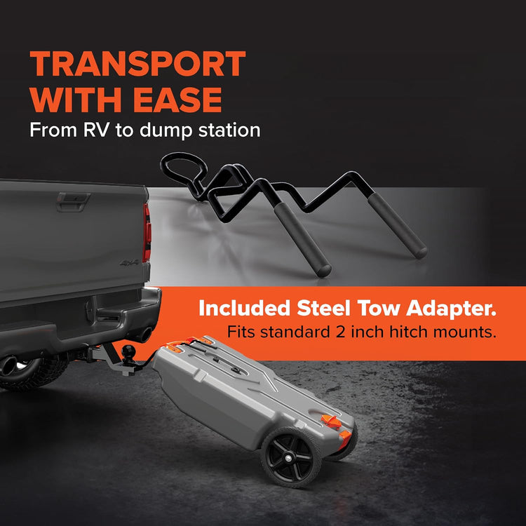 36-Gallon Portable Camper/RV Tote Tank - Features Large Heavy-Duty No-Flat Wheels & Built-in Gate Valve - Removable Steel Tow Adapter