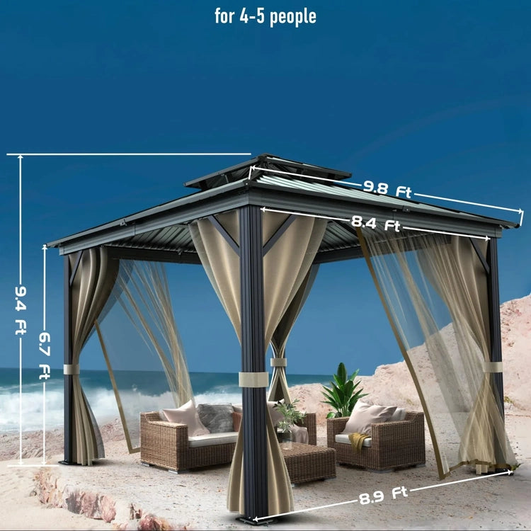 10x10 Hardtop Gazebo with Double Metal Roof, Aluminum Frame, Net, and Curtain. All-Weather, Ideal for Patio, Deck, Garden, Backyard. Khaki