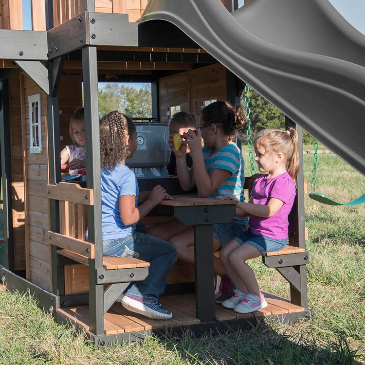 Canyon Creek Cedar Wood Swing Set with Wave Slide, Clubhouse, Play Kitchen, Picnic Area, Belt Swings, Web Swing, Rock Wall, Balconies, Playhouse