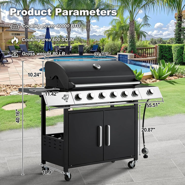Upgraded 4 Burner BBQ Propane Gas Grill with Cast Iron Grates & Side Stove, 44,000 BTU Stainless Steel Burner Barbecue Grill for Patio, Camping
