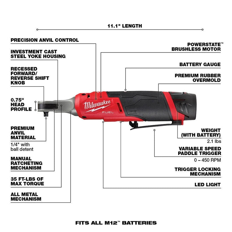 M12 Fuel 1/4" High Speed Cordless Ratchet Kit