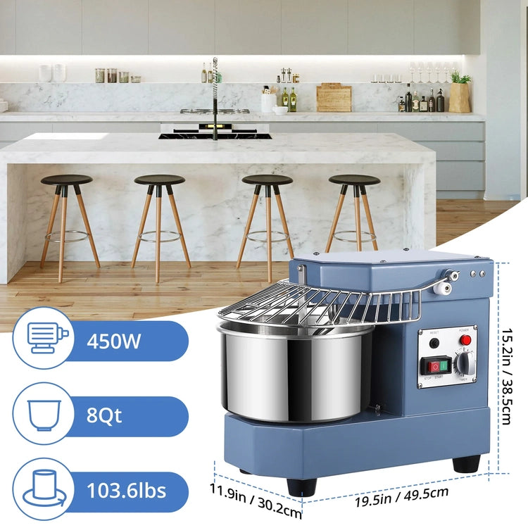 8Qt Commercial Food Mixer, 450W Dual Rotating Dough Kneading Machine W Food-Grade Stainless Steel Bowl, Security Shield & Timer, Commercial