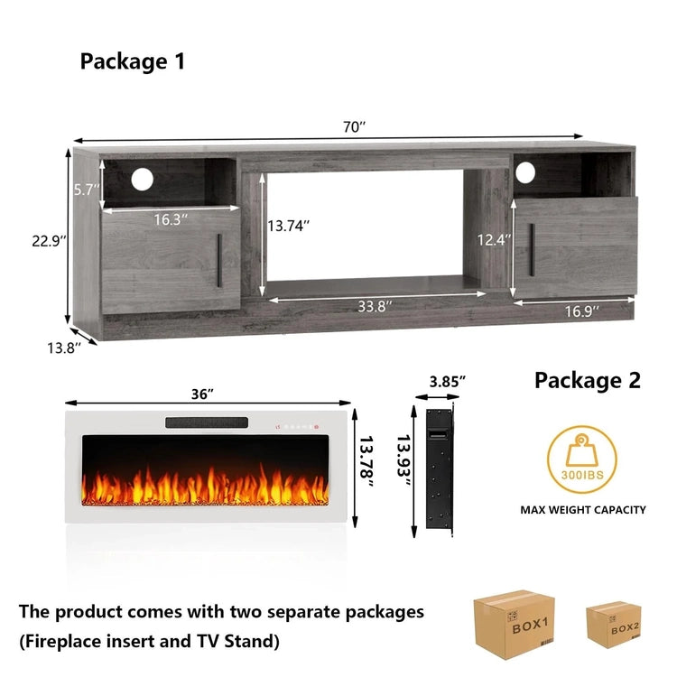 Bossin 70 Fireplace TV Stand with 36 Electric Fireplace, TV Stand for Tvs up to 80,16 Colors LED Lights/Entertainment Center