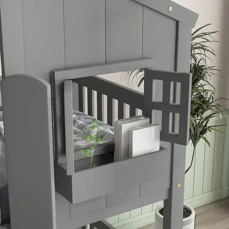 Twin Over House Bunk Bed with Roof, Window, Window Box, Door, with Safety Guardrails and Ladder, Grey