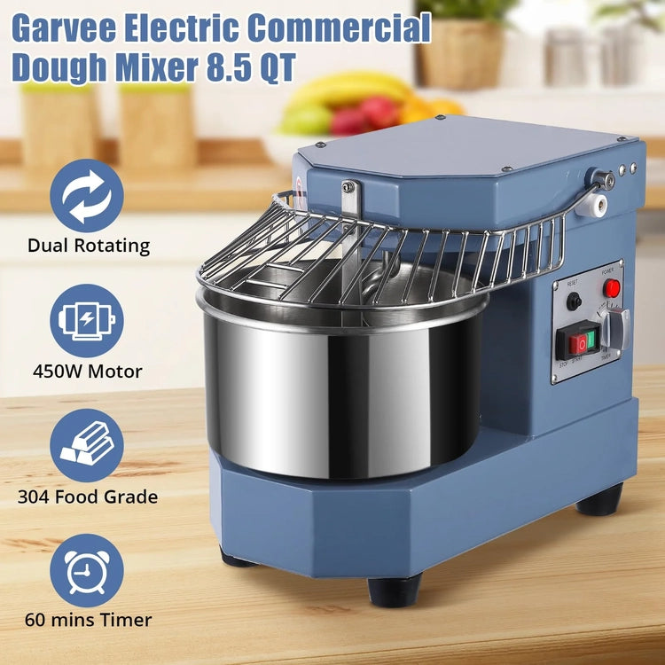 8Qt Commercial Food Mixer, 450W Dual Rotating Dough Kneading Machine W Food-Grade Stainless Steel Bowl, Security Shield & Timer, Commercial