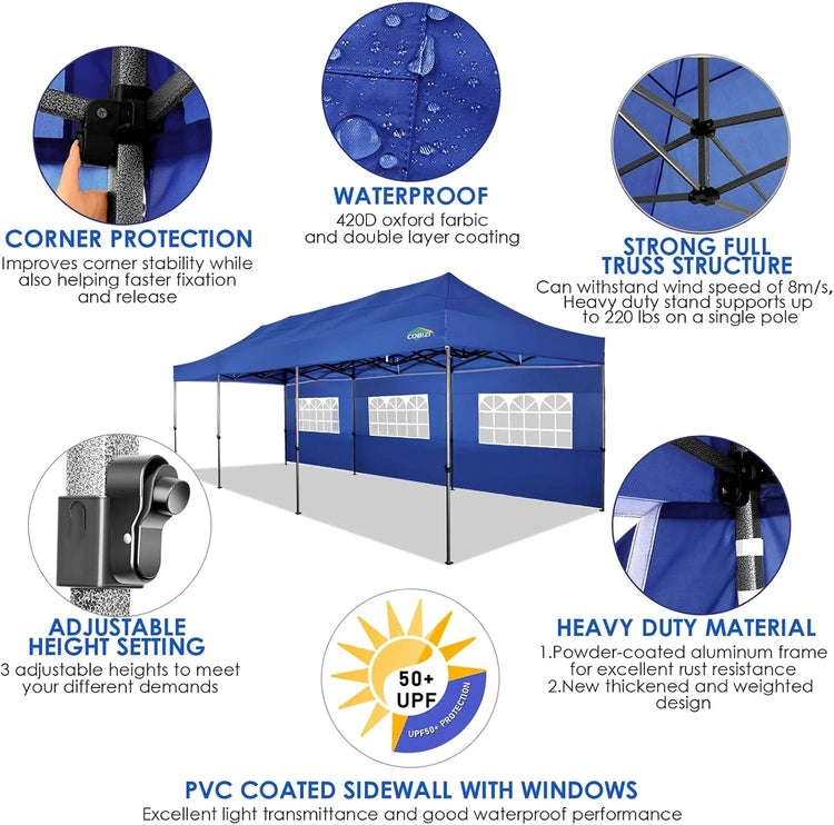 Cobizi 10x20 Heavy Duty Pop up Canopy Tent with 6 Sidewalls Easy up Commercial Outdoor Canopy Wedding Party Tents