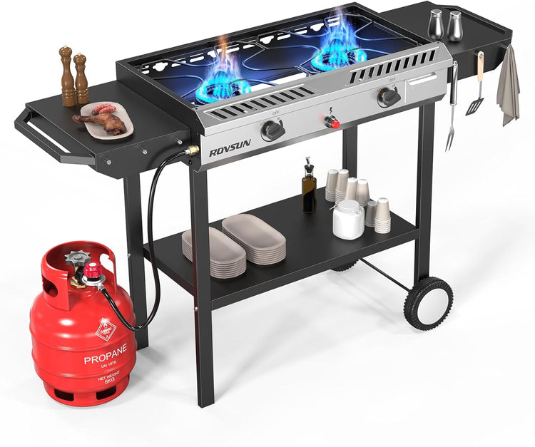 2 Burner Outdoor Propane Gas Stove with Griddle, Auto-Ignition, Regulator & Side Shelves, 150,000 BTU Powerful Stand Cooker