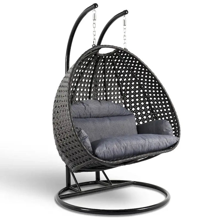 Leisuremod 2 Person Hanging Egg Chair with Stand - Outdoor/Indoor Rattan Wicker Patio Swing Hammock Lounger with Cushions