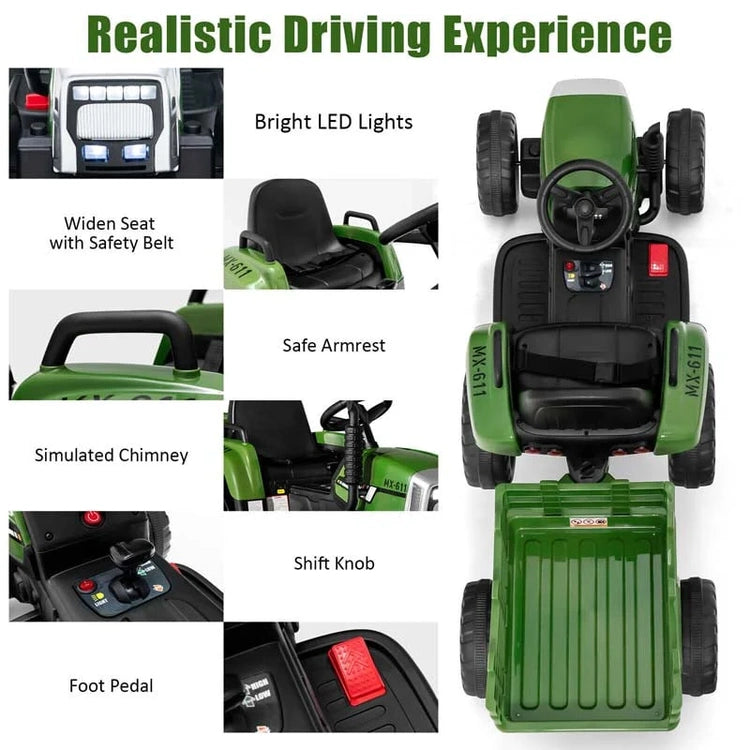 Kids Ride on Tractor W/Trailer 12V Battery Powered Electric Riding Toy Car Vehicle with 3-Gear-Shift Ground Loader
