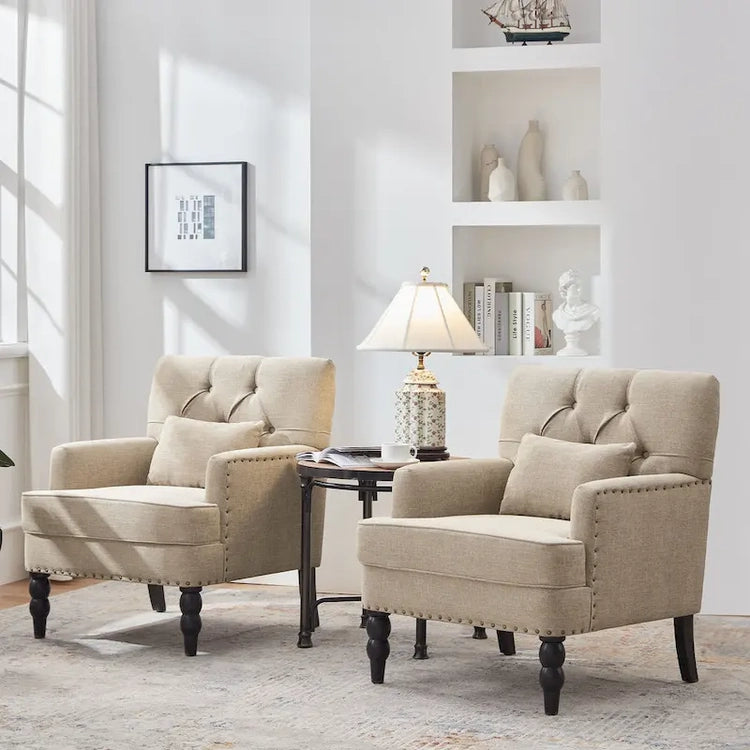 Set of 2 Arm Chair Upholstered Button Tufted Accent Chair with Lumbar Pillow Beige/Grey/Light Blue