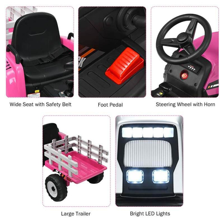 Kids Ride on Tractor W/Trailer 12V Battery Powered Electric Riding Toy Car Vehicle with 3-Gear-Shift Ground Loader