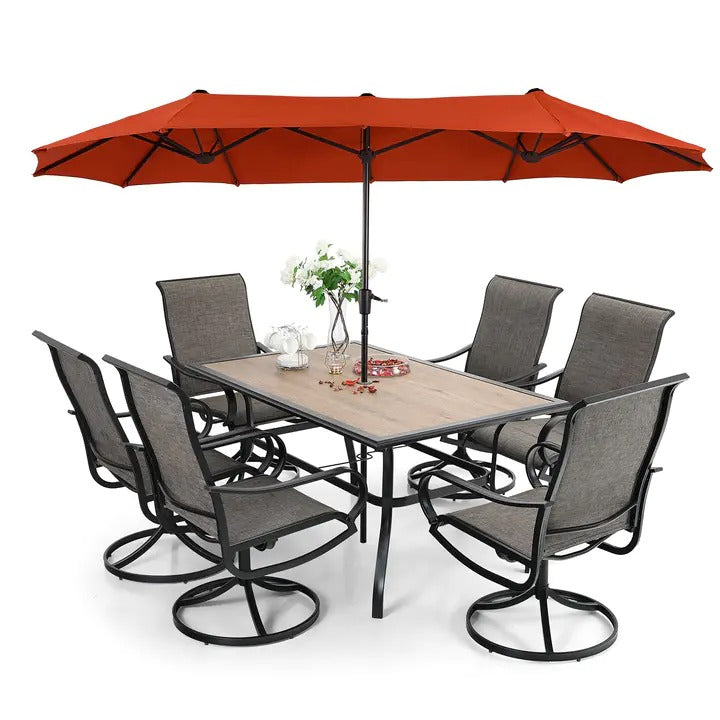 8 Pieces Patio Dining Set with Umbrella, Outdoor Furniture Set with 6 Sling Dining Swivel Chairs