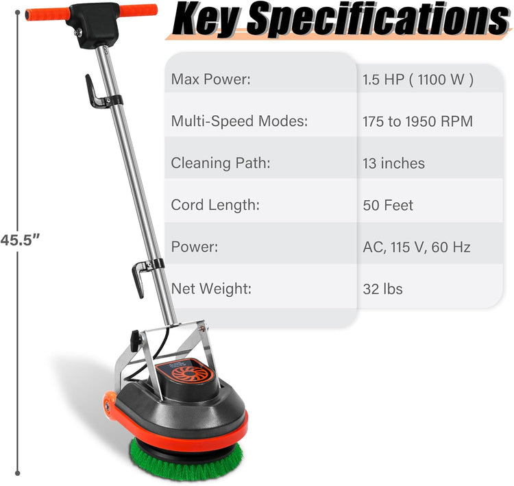 Commercial Floor Scrubber Machine with Brushes and Pads, Heavy Duty Floor Buffer Polisher and Cleaner- Deep Cleaning Tile and Grout