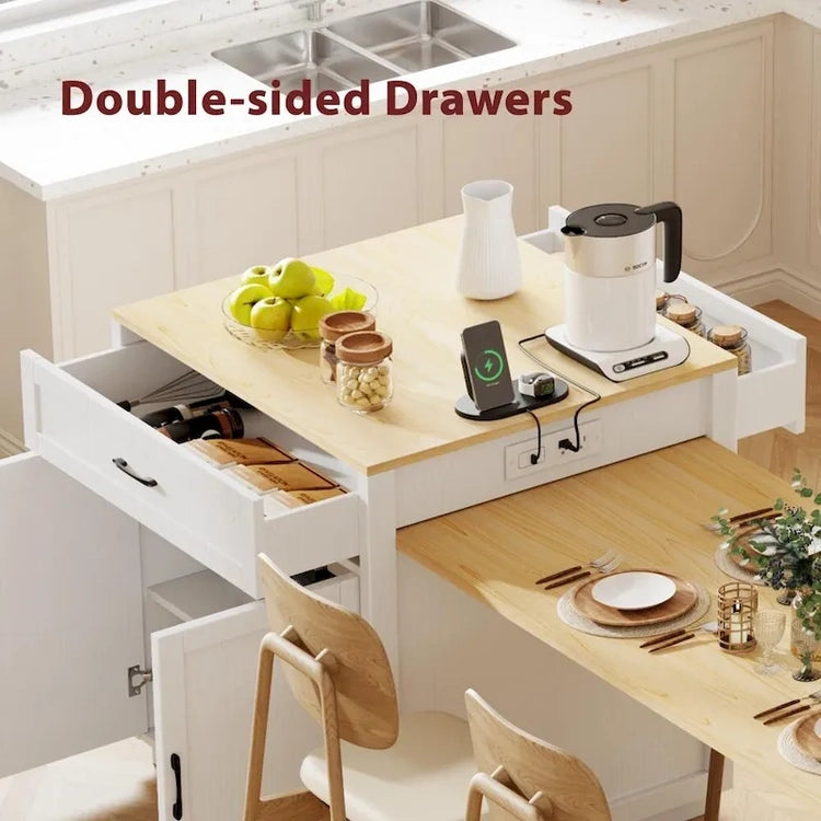 82.7 Wooden 4-6 Person Kitchen Island with Extendable Dining Table and Double-Sized Storage