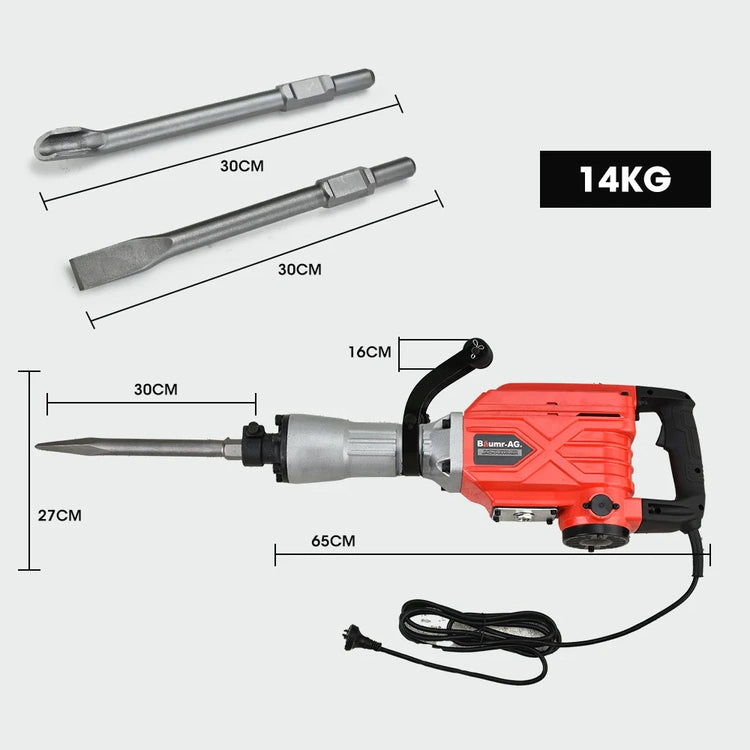 Baumr-Ag 2300W Electric Demolition Jackhammer, with 3 Bonus Chisels, Carry Case