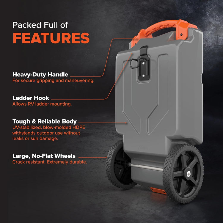 36-Gallon Portable Camper/RV Tote Tank - Features Large Heavy-Duty No-Flat Wheels & Built-in Gate Valve - Removable Steel Tow Adapter