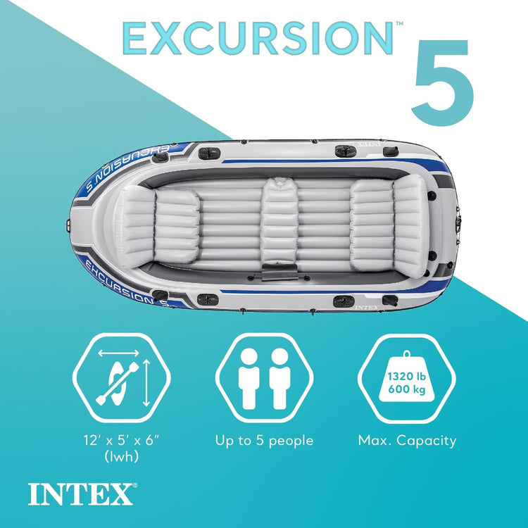 Excursion Inflatable Boat Series, Includes Deluxe 54in Boat Oars and High-Output Pump - Supertough PVC - Adjustable Seats with Backrest