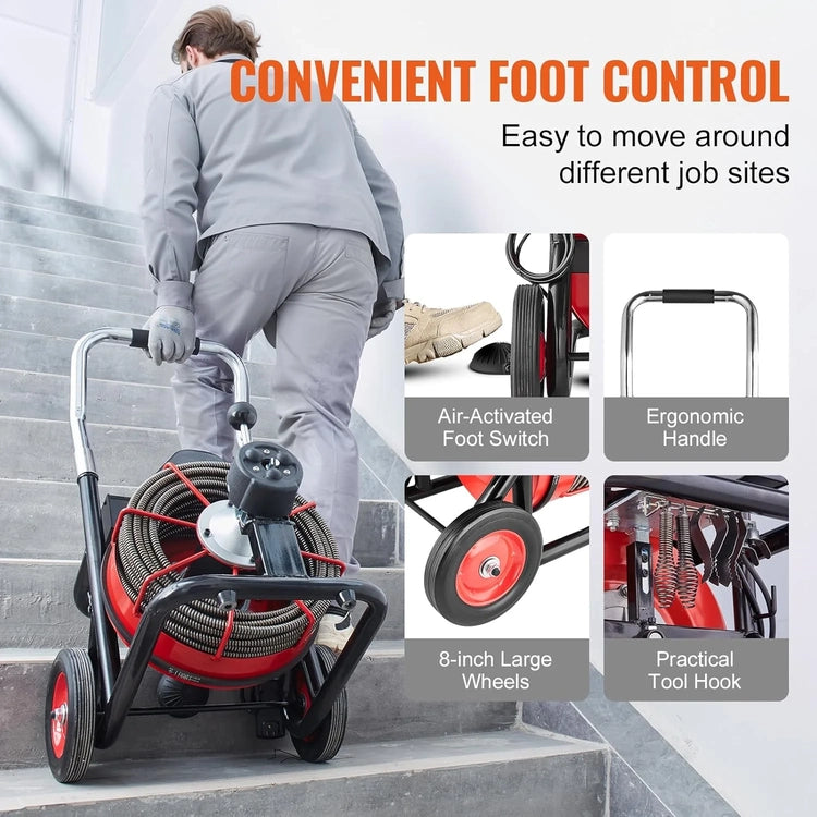 Drain Cleaner Machine 100FT X 1/2 Inch, Auto Feed Sewer Snake Auger on Wheels, 550W Portable Drain Cleaning Machine