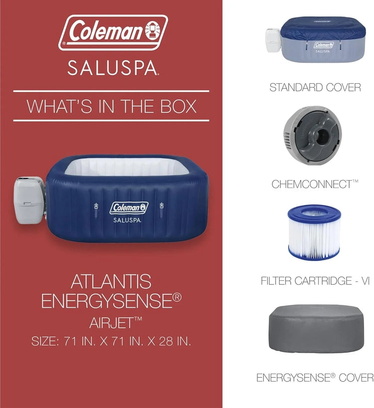 Coleman Saluspa Atlantis Airjet 4 to 6 Person Inflatable Hot Tub Square Portable Outdoor Spa with 140 Soothing Jets with Cover, Blue