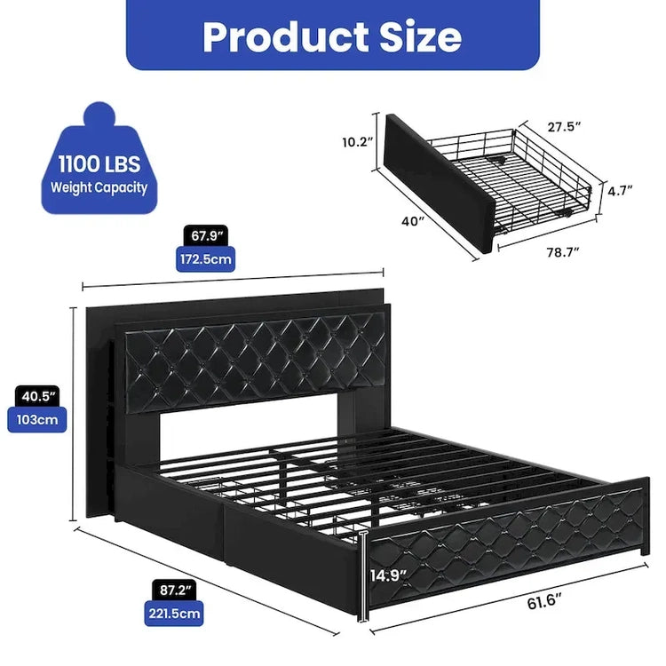 Moasis Queen Size Pu Bed Frame LED Upholstered Platform Bed Frame