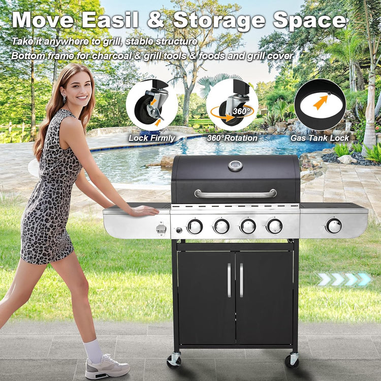 Upgraded 4 Burner BBQ Propane Gas Grill with Cast Iron Grates & Side Stove, 44,000 BTU Stainless Steel Burner Barbecue Grill for Patio, Camping